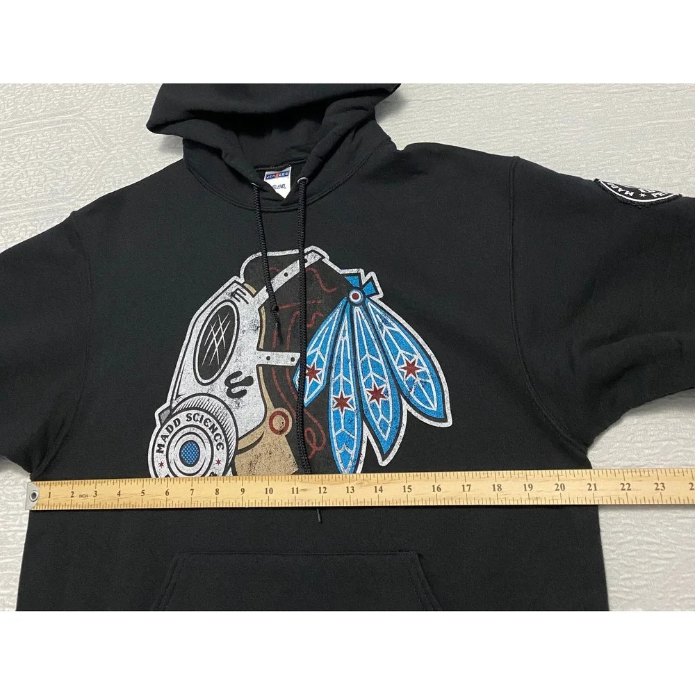 Madd Science Print Lab Graphic Hoodie Black Gas Mask Feather Logo Jerzees Mens M - Picture 8 of 9